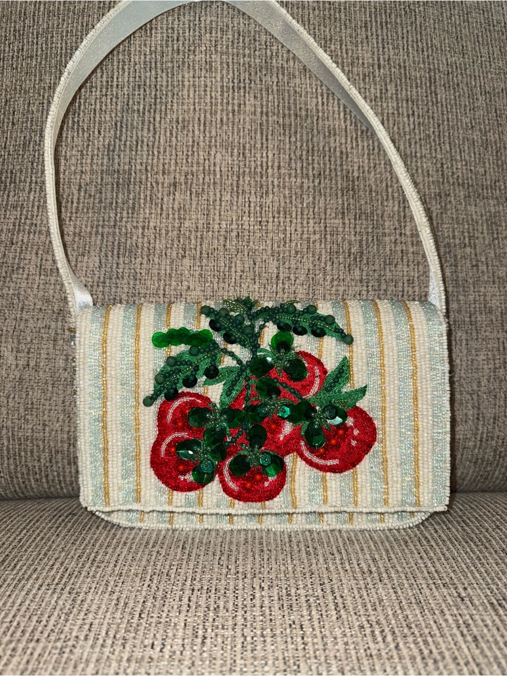 Beaded Tomato Embellished Shoulder Bag - White and Green View 4
